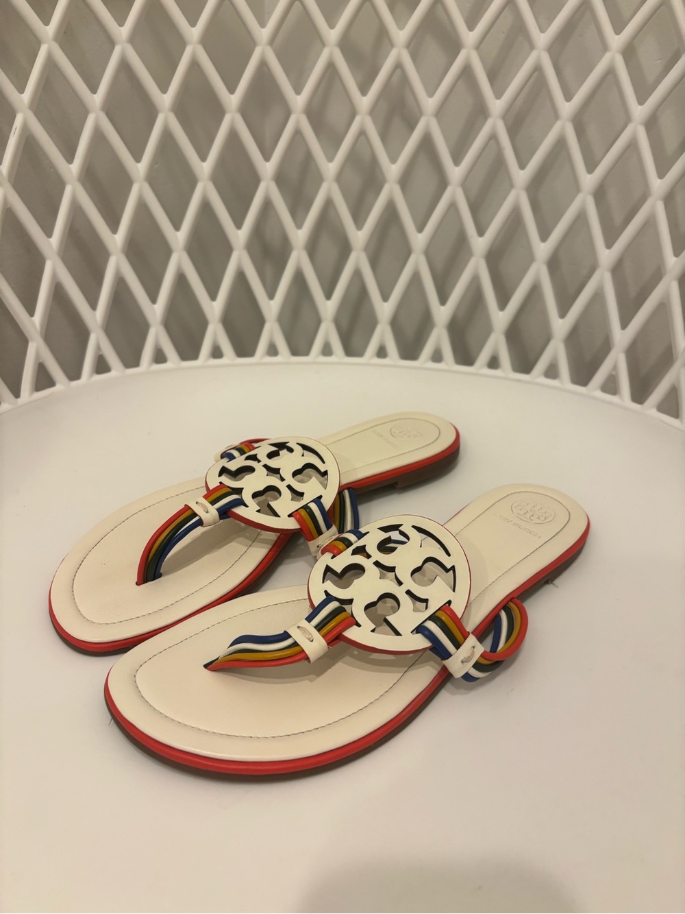 Tory Burch White Leather Slide Sandals with Rainbow Straps